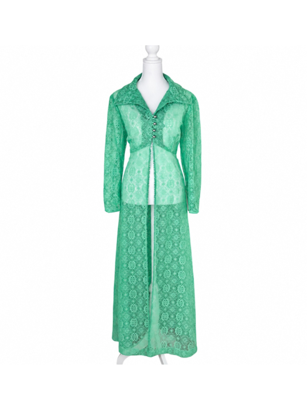 Vintage 60s 70s Mint Green Lace Maxi Duster Hostess Robe Cottagecore Prairie